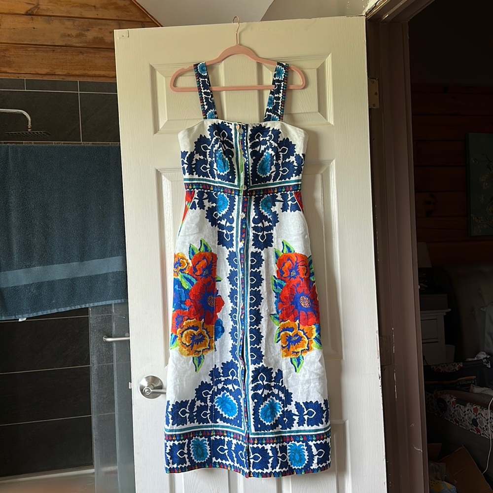 Farm Rio flower tapestry off white midi dress size small NWT